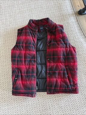Saks Fifth Avenue Red and Black Quilted Plaid Vest
